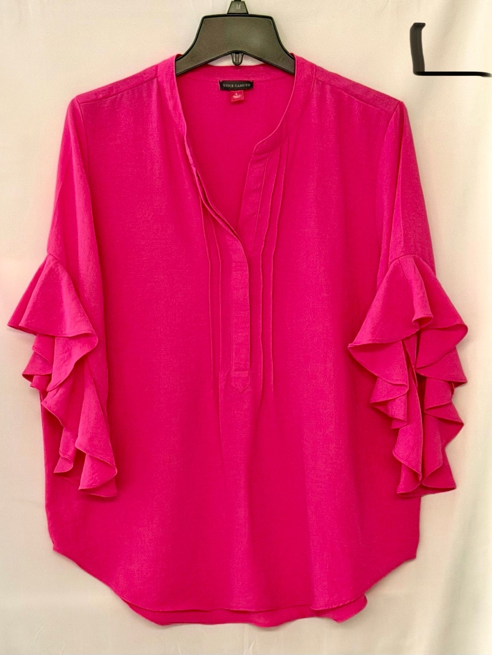 Vince Camuto Hot Pink Ruffle-Sleeve Split-Neck Blouse